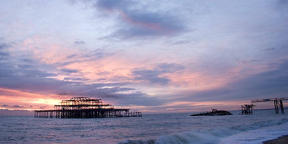 Brighton West Pier at sunset, flock of starlings