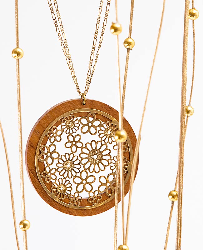 Jewellery Photography, wooden gold flower necklace