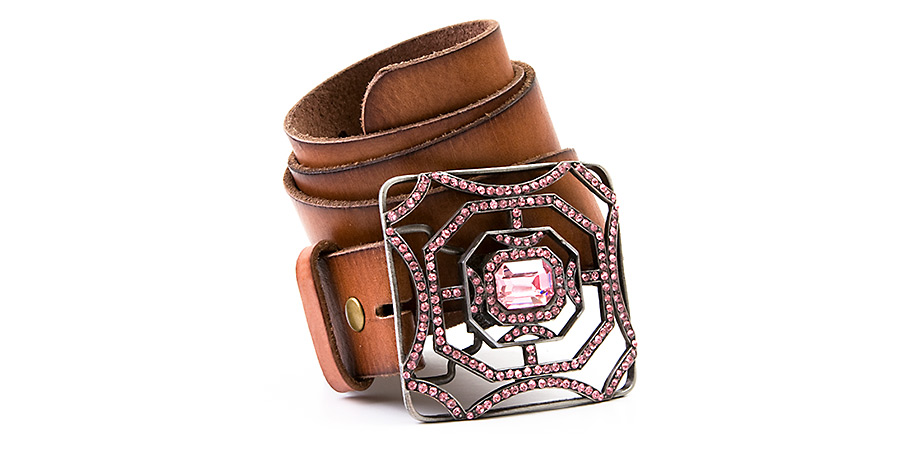 Product Photography, leather belt with pink crystal buckle