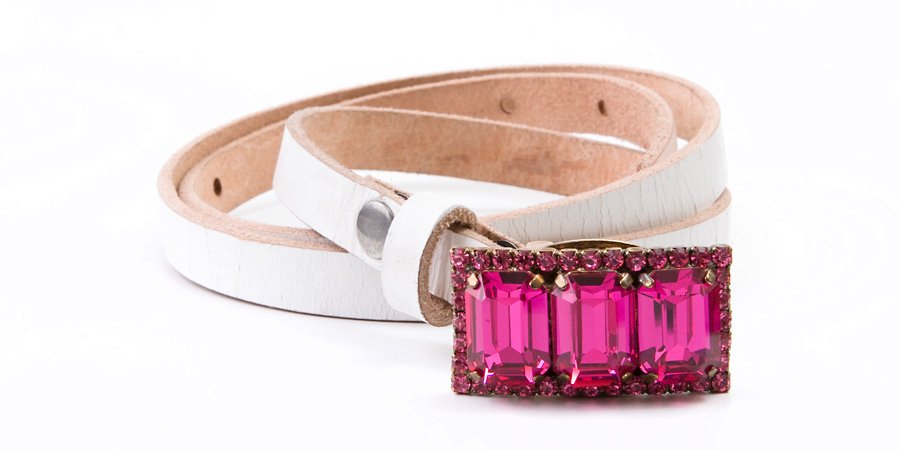 Product Photography, skinny white leather belt with crystal buckle